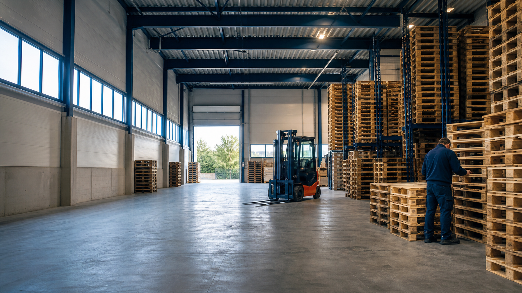Kleine Lagerhalle mit Paletten und Stapler in Ismaning